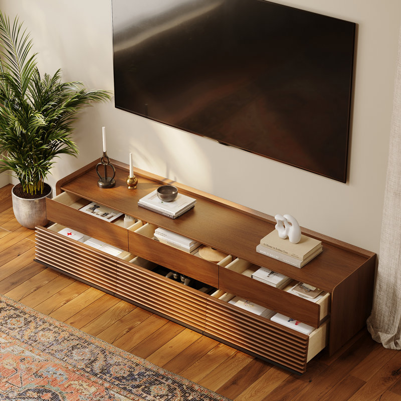 Meuble télé Mid-Century moderne avec lumière DEL, entièrement assemblé, H 19,27 po x L 70,87 po x l 15,75 po, Brun