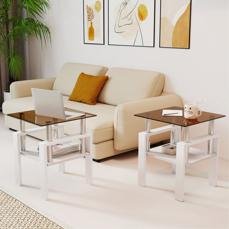 Ensemble de 2 tables à thé modernes en verre trempé, plateau en verre trempé avec panneau de fibres à densité moyenne, table basse, table de bout, table carrée pour le salon