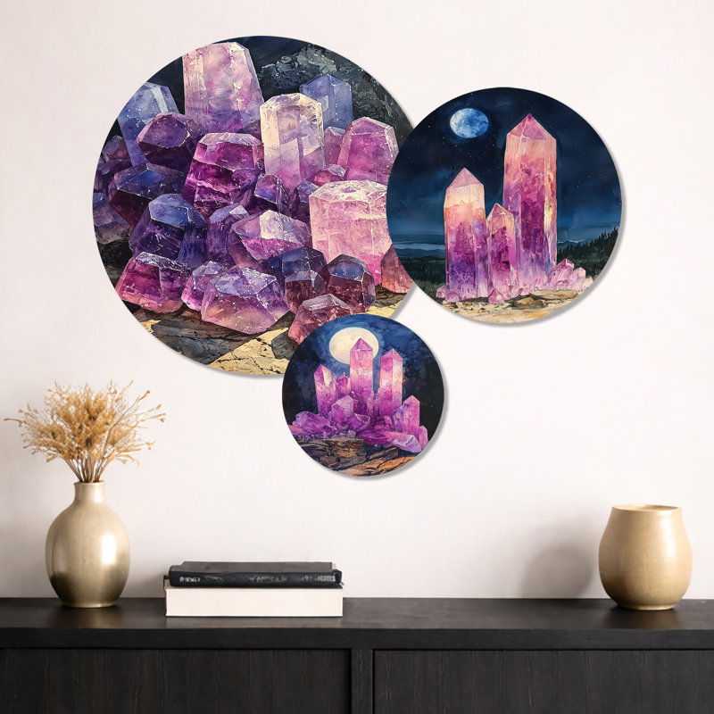 Cristaux énergétiques roses et mauves à la lune I - ensemble d'art mural en métal 3 cristaux