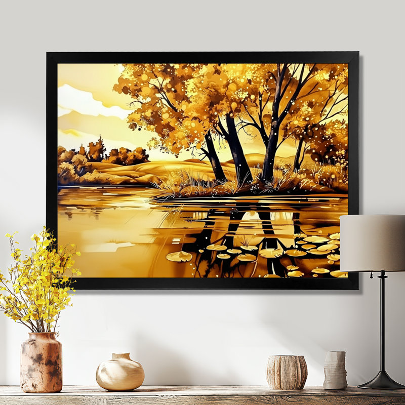 «Golden Glow River In Autumn II», impression d'art mural paysage d'automne, H 30 po x l 40 po, Noir