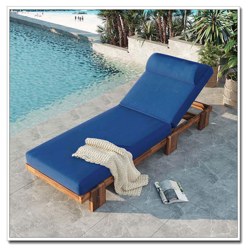 78.8'' Outdoor Patio Chaise Lounge Chair, Acacia Wood Adjustable Recliner with Headrest and Retractable Side Tray, Dark Gray