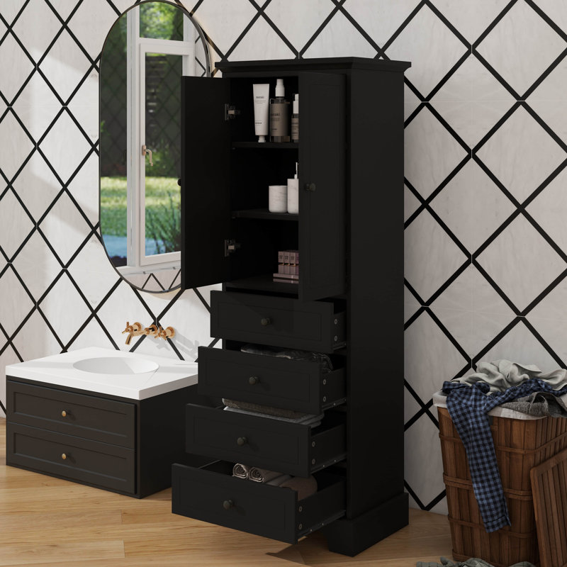 Armoire de rangement chic avec 2 portes et 4 tiroirs pour la salle de bain et le bureau, Noir