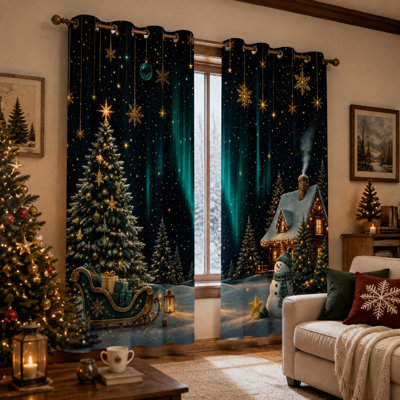 2Pcs Festive Christmas Scene Printed Sun Blocking Curtains, Winter Holiday Aurora Night Sky with Tree and Snowman Design Ring Top for Living Room Bedroom for Home Dector