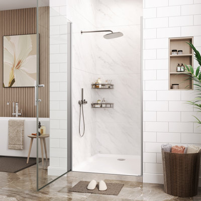 Porte de douche pivotante sans cadre, l 34 po x H 72 po, verre trempé transparent de 6 mm, porte battante en verre réversible avec bandes d'étanchéité, finition argentée, cabine de douche à l'italienne facile à installer pour la salle de bain