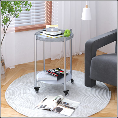 Table basse ronde avec roulettes, tables d'appoint mobiles à 2 niveaux, table de chevet amovible en métal pour la chambre à coucher et le salon