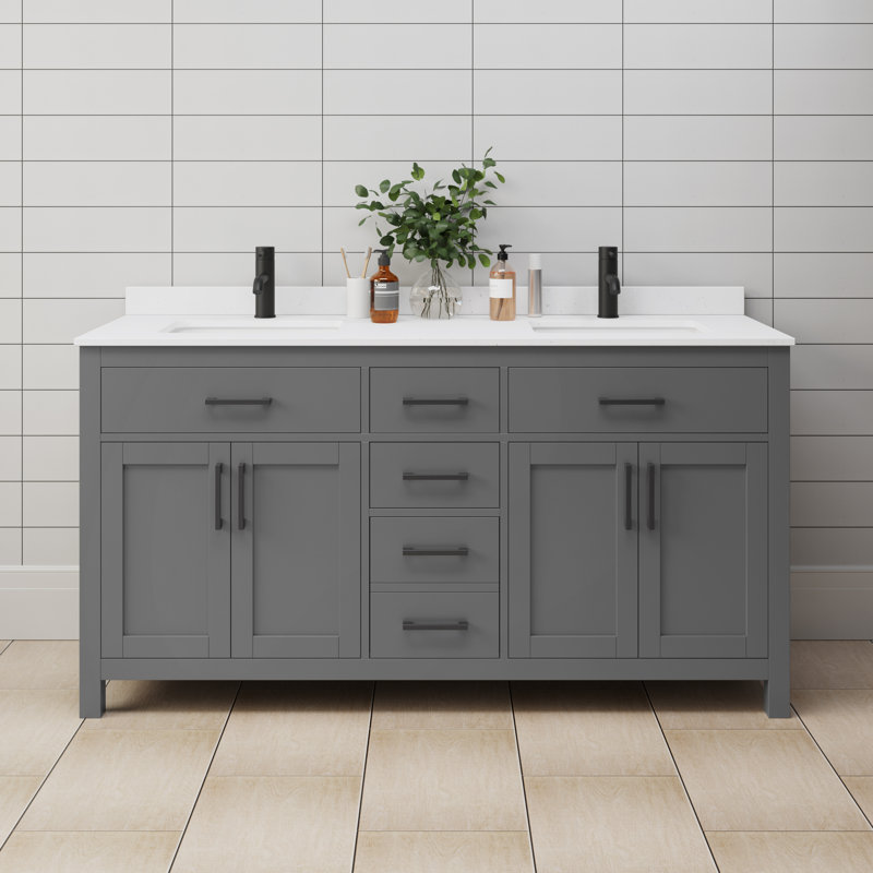 Beckett 66" Freestanding Double Bathroom Vanity with Cultured Marble Top, White Cultured Marble, Matte Black, Dark Gray
