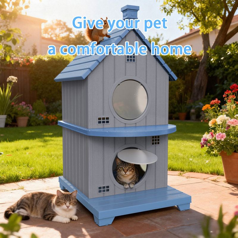 Maison pour chat à deux étages en résine 38,88 "avec porte de secours, H 30,88 po x L 20,74 po x l 25,54 po, Bleu/Gris