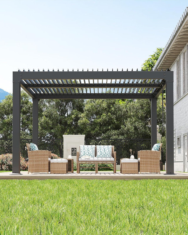Louvered Pergola with Adjustable Roof, Reinforced Aluminum Frame & Drainage System for Patio, 88" H x 144" W x 119" D