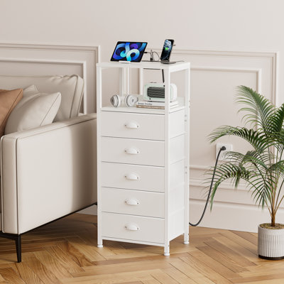 Commode 5 tiroirs avec station de charge et lumière DEL à commande vocale, grande table de chevet avec tiroirs en PVC et en tissu, commode avec tablette ouverte, table de chevet pour chambre à coucher, placard, entrée