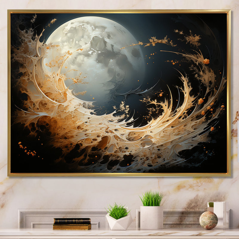 Fiery Moonlight Vision - impressions sur toile de lune, Cadre flottant doré, H 24 po x l 32 po x P 1 po