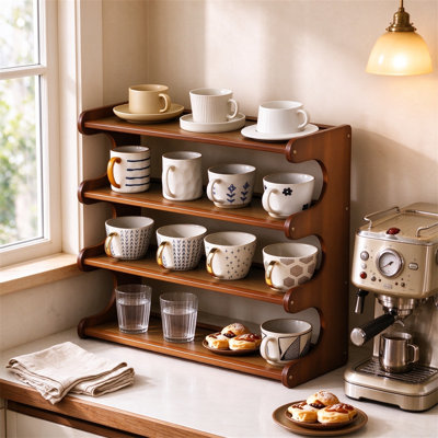 4-tier  Bamboo Desktop Rack, Desktop Storage Rack, Countertop Cup Rack, Coffee Cup Rack, Coffee Pot Storage Rack, Coffee Bar Storage Rack, Cabinet Storage Rack, Small Countertop Storage Rack, Curved Shape Saves Space, Brown