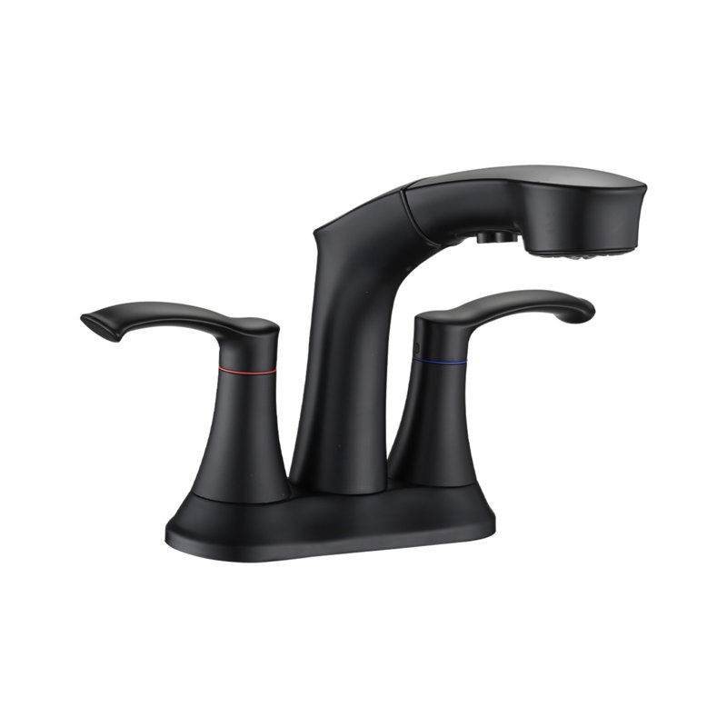 Robinet de salle de bain avec douchette extractible, robinet à 4 poignées et robinet à 4 poignées, Noir mat
