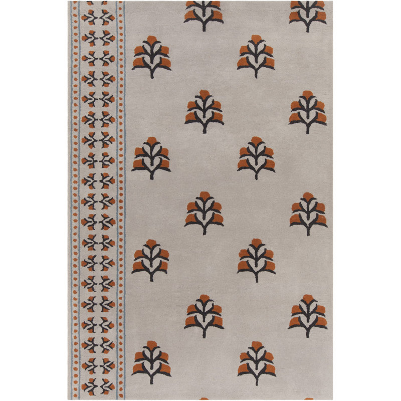 Tapis en laine à motif floral moderne touffeté à la main beige, noir, bleu et orange Ailey, 5 pi x 7 pi 6 po
