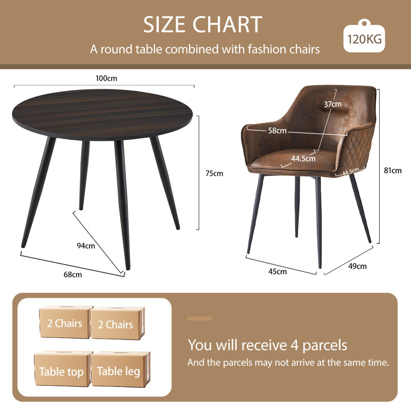 5-Piece Round Dark Walnut Dining Set with Faux Suede Chairs, Brown, Brown