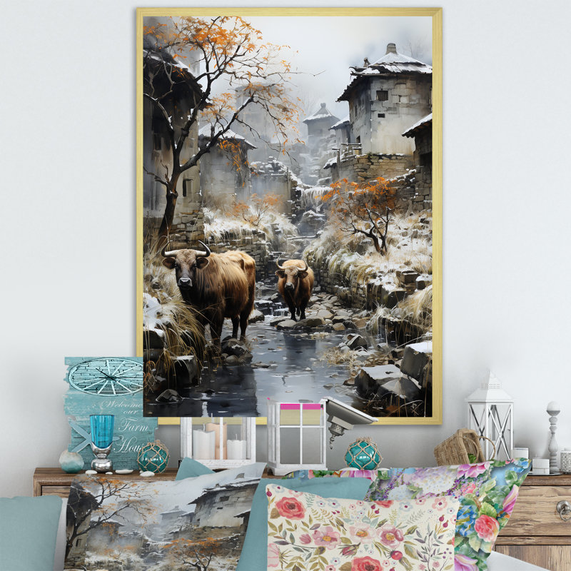 Yaks Urban visiteur I sur toile, Cadre doré simple, H 20 po x l 12 po x P 1 po