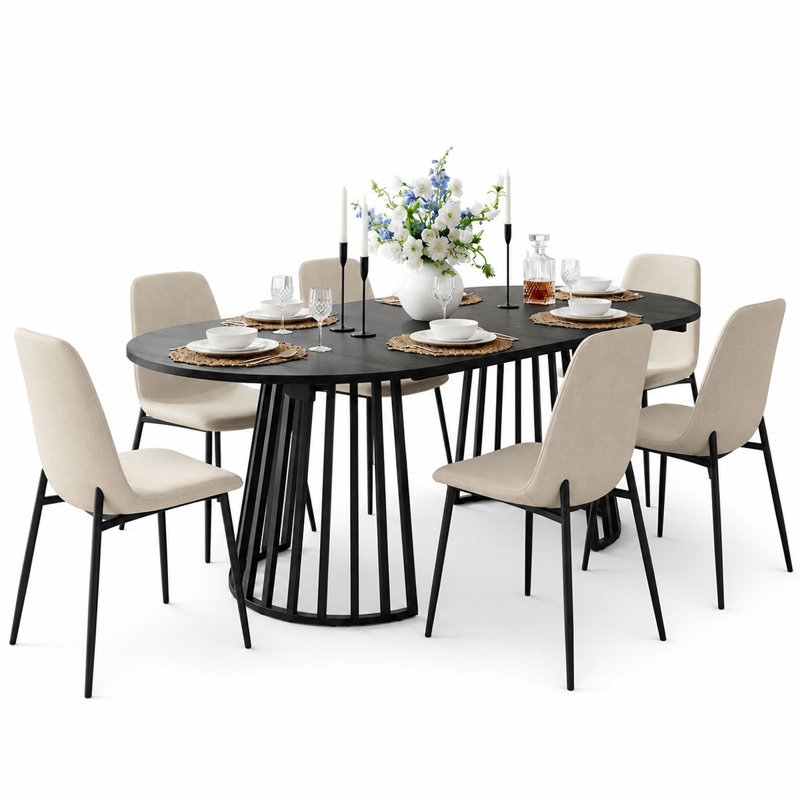 6- Person Dining Table Sets With Extendabe Oval Table & 6 Upholstered Chenille Dining Chairs, Beige