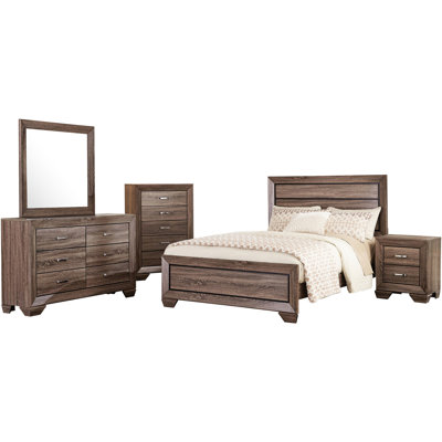 5 pièces pour grand lit, taupe délavé, grain de chêne naturel, cadre photo, glissières de tiroir grand, bois franc d'ingénierie, glissières, miroir et table de chevet