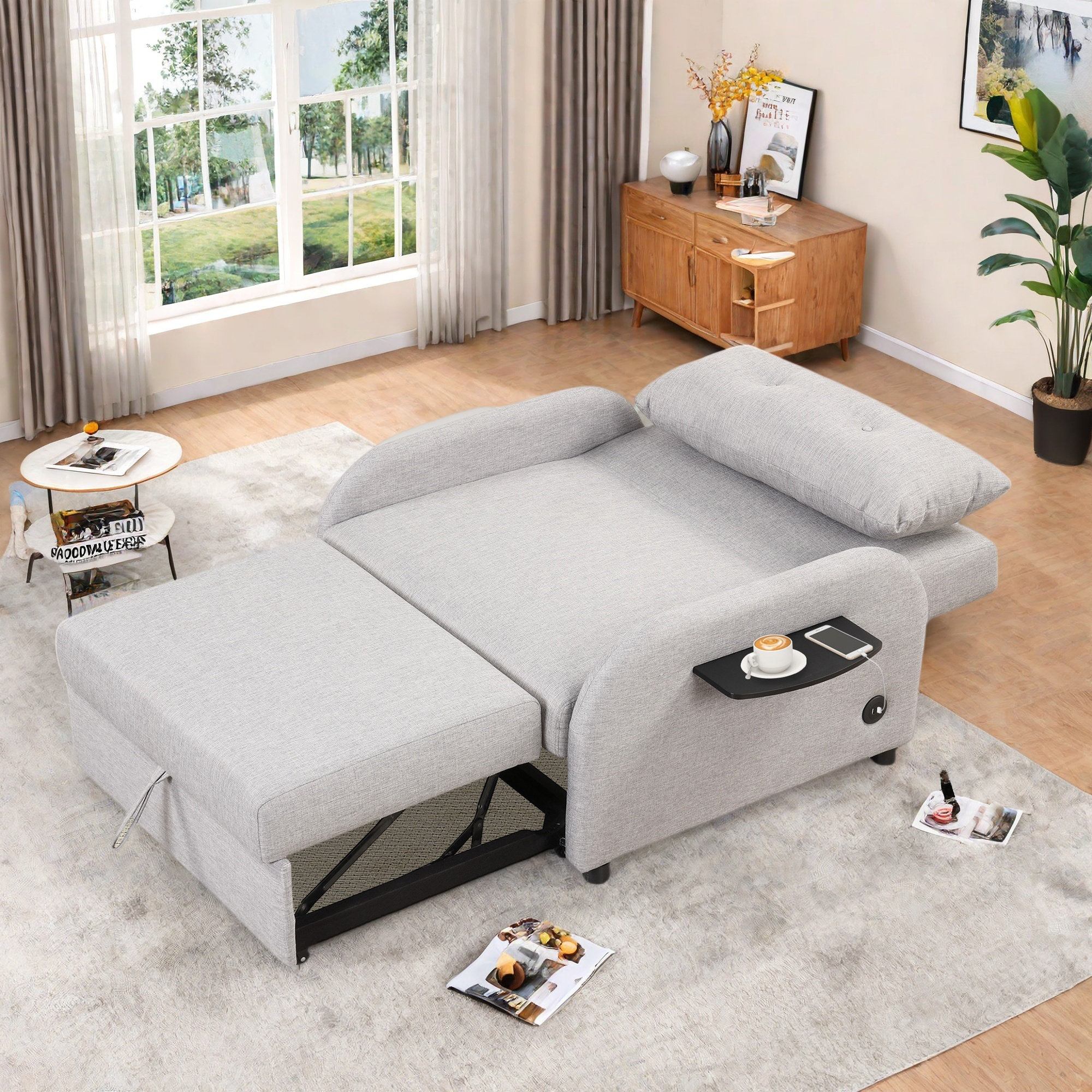 Latitude Run® 3 In 1 Pull Out Sofa Sleeper With 2 Wing Tables, Usb ...