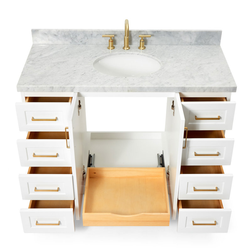 Freitas 48'' Solid Wood Single Bathroom Vanity, Oval, White, Carrara Marble