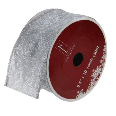 Ruban de Noël argenté câblé tourbillonnant argenté 2,5 po x 120 verges