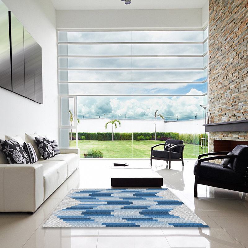 Tapis bleu/blanc cassé à motif, Carré 8 pi