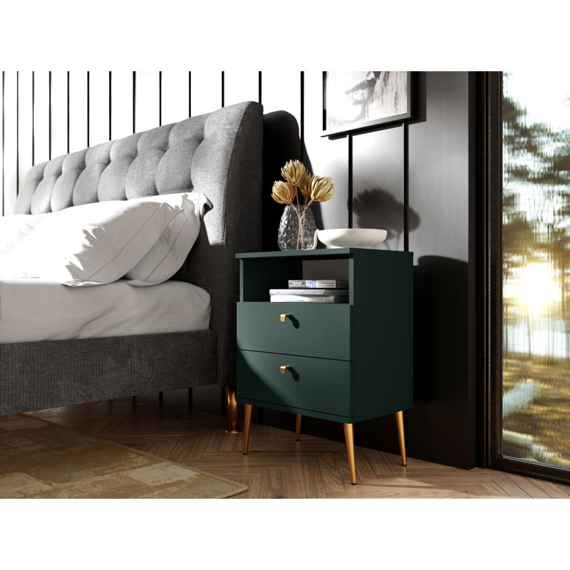 Abbegayle bedside table with a drawer, golden handles and feet, Green