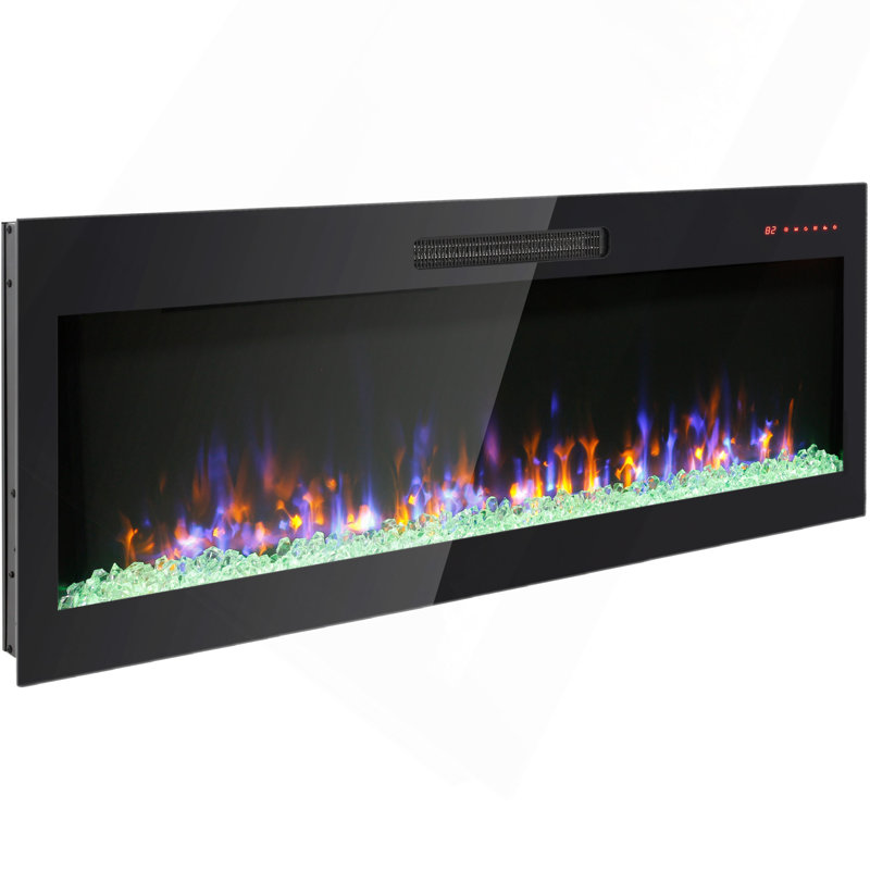 50" Recessed Thin Tempered Glass Front Wall Mounted Electric Fireplace With Remote And Multi Color Flame And Ember Bed, LED Light Heater