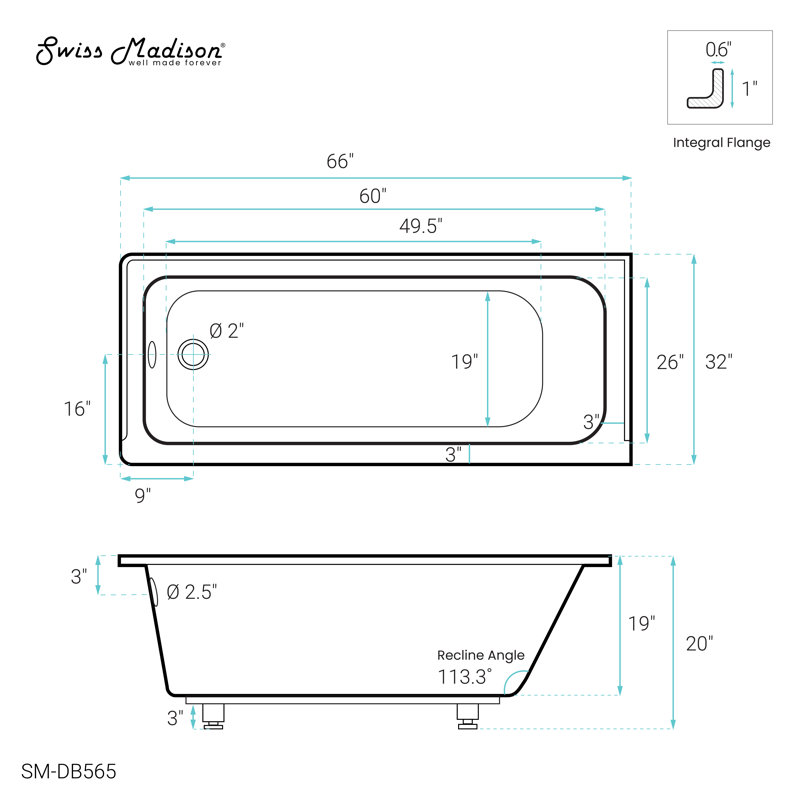 Voltaire 66" White Acrylic Alcove Bathtub with Jets