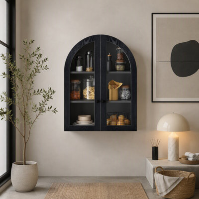 Armoire murale cintrée en placage de bois avec portes en verre trempé et tablette réglable