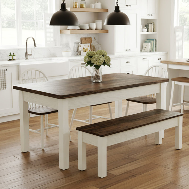 Ensemble de table de salle à manger en bois 55 po avec 2 bancs et 3 pièces, Brun / Blanc