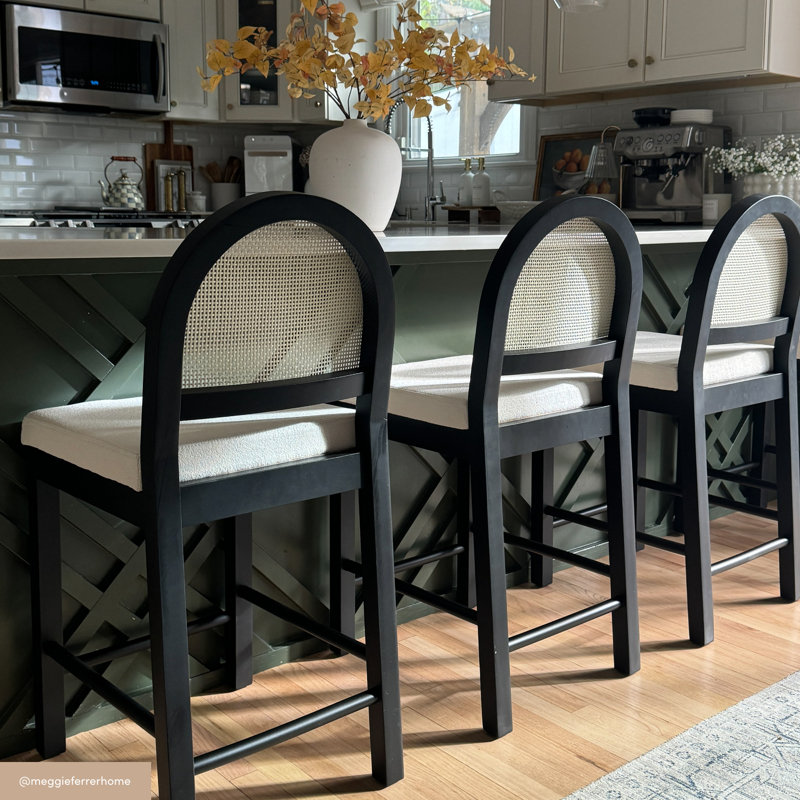 Boucle Upholstered Bar Stool with Woven Rattan Backrest, Counter Stool (24” Seat Height), Cream/Black Oak, 1