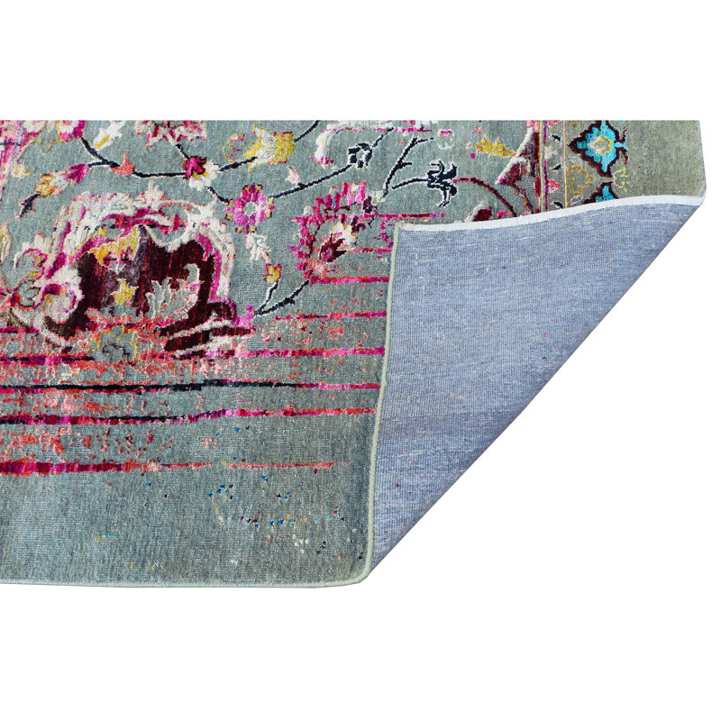 Hand Knotted Abstract Area Rug in Light Gray/Pink/Black/Blue, Rectangle 9' x 12'