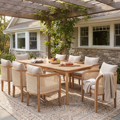 Armand 8-Person Mid-Century Modern Acacia Wood Outdoor Dining Set with Woven PE Rattan Arm Chairs and Slatted Table