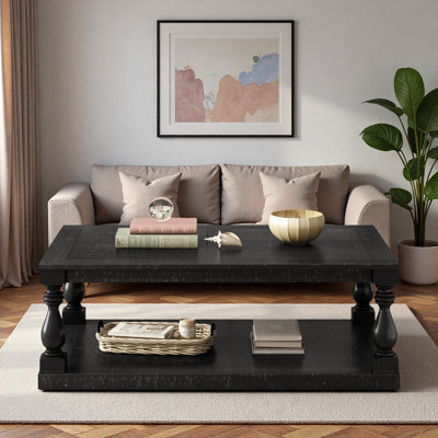 Table basse rétro avec pieds de colonne de vase, placage de pin et tablette inférieure