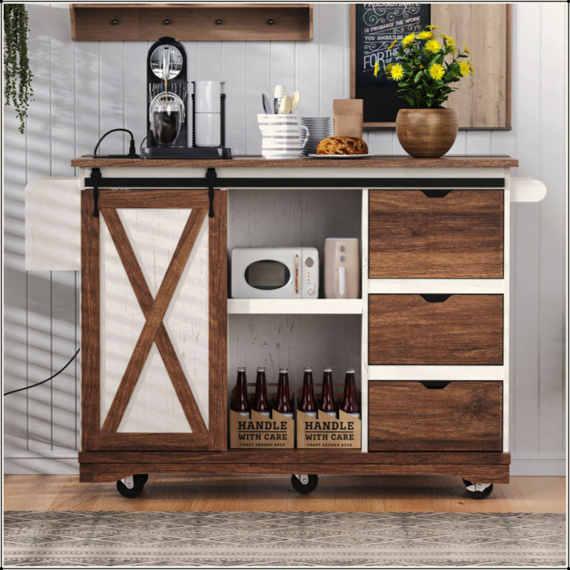 55.5" Farmhouse Kitchen Island With Drop Leaf, Kitchen Storage Island With Barn Door, Power Outlet, Rolling Kitchen Cart On Wheels With Spice Rack, For Home, Kitchen, Dining Room