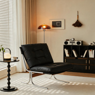 Fauteuil d'appoint capitonné en cuir noir, méridienne moderne de style Mid-Century