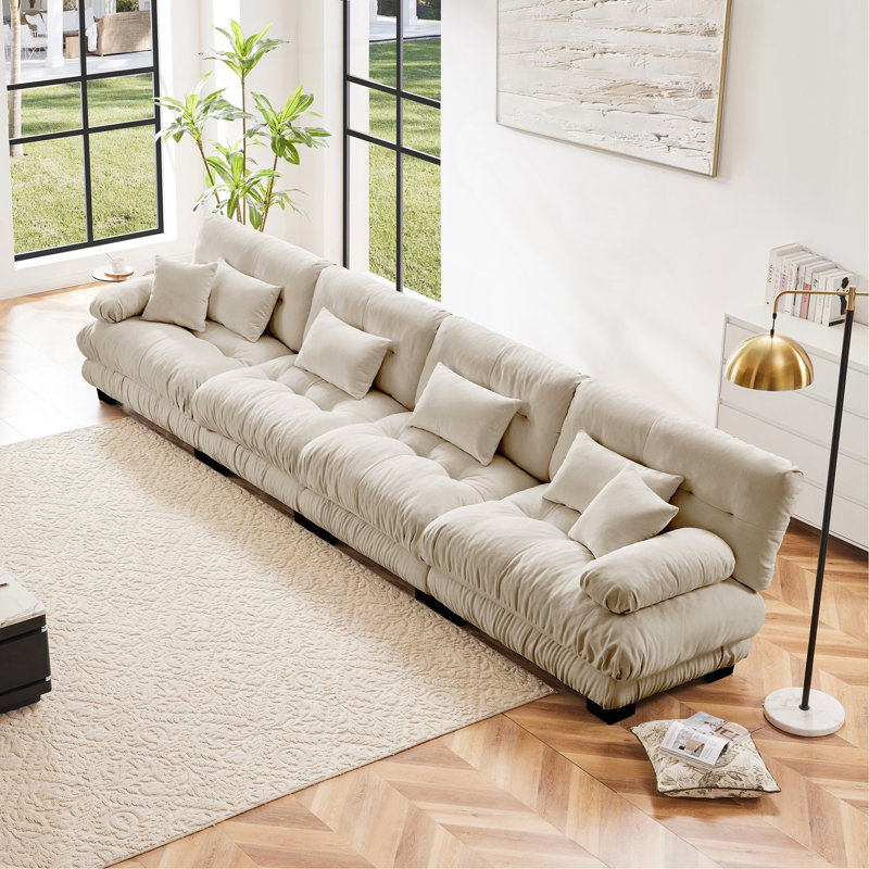 Canapé modulaire 4 places à assise profonde, canapé en chenille, canapé rembourré confortable pour salon, appartement, studio, bureau, café chenille clair
