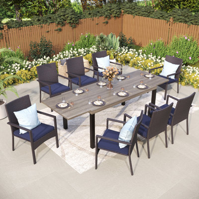 Rectangle Outdoor Patio Dining Set Wooden-look Expandable Heavy Duty Metal Table With Cushioned Chairs