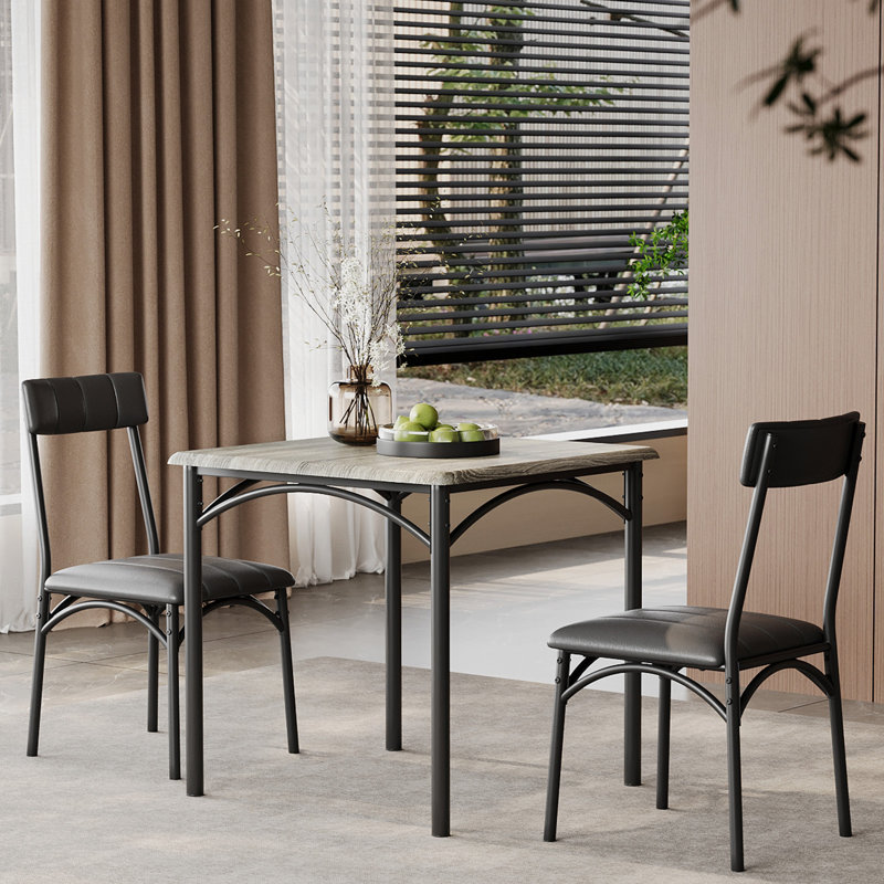 Ensemble de table de salle à manger 3 pièces, chaises rembourrées et structure en acier, Gris
