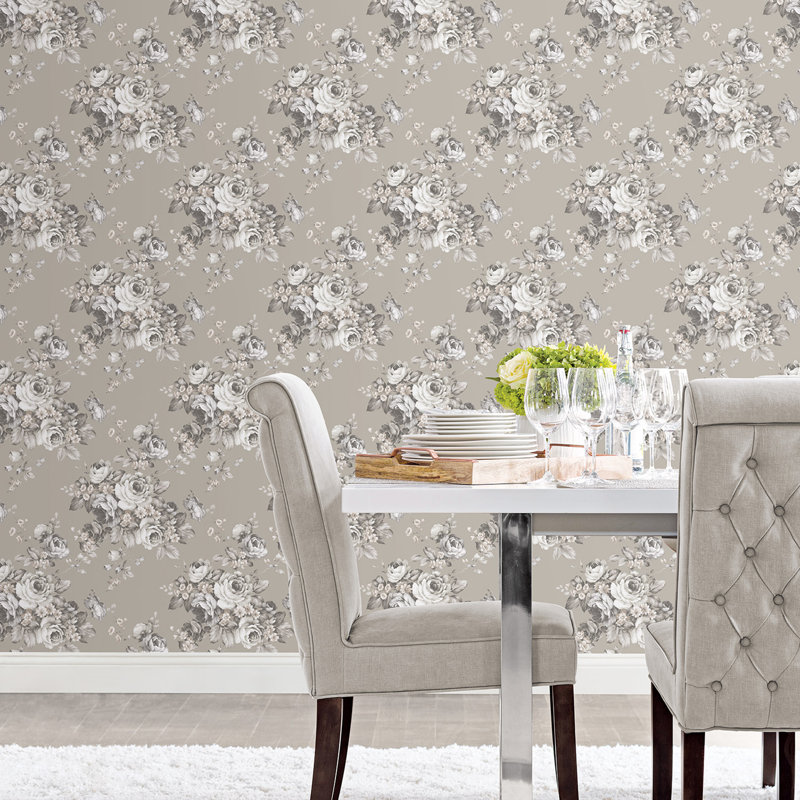 Garretson 10m x 52.8cm Satin Wallpaper Roll, Grey/Cream