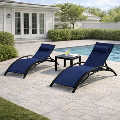 Outdoor Chaise Lounge Set of 3, Reclining Patio Chairs with Side Table, Poolside Tanning Chairs with Armrests and Headrest, All-Weather Outdoor Furniture for Backyard, Deck, Navy Blue