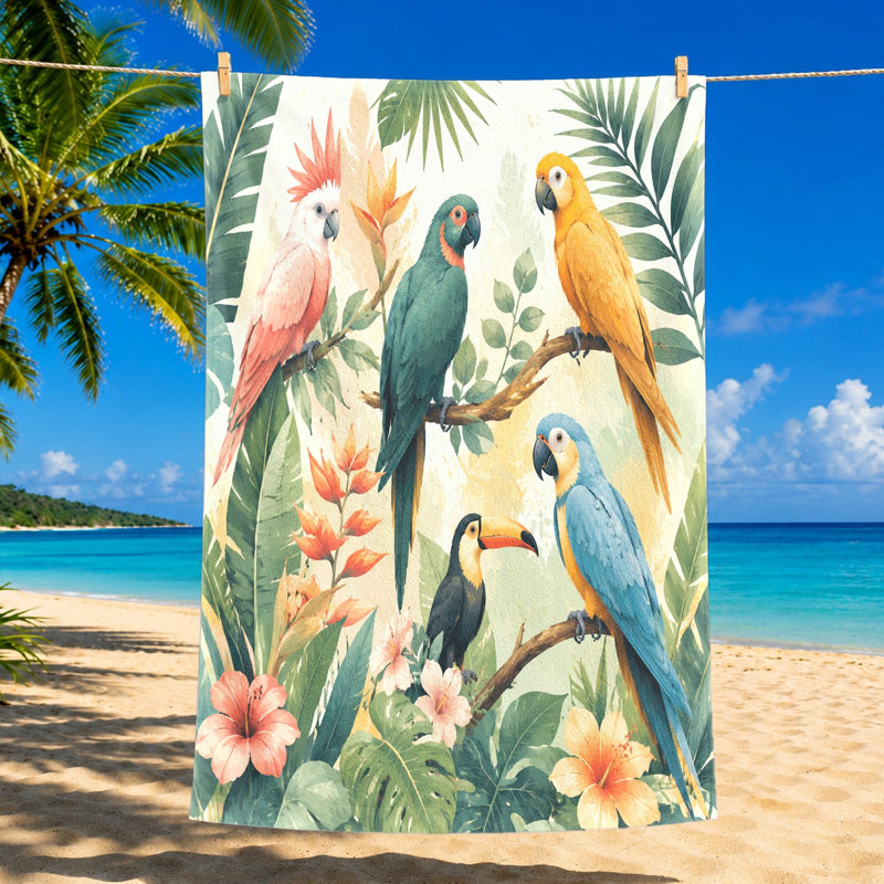 1PCS Tropical Parrot Beach Towel, Vibrant Macaw & Toucan Design, Large Microfiber for, Pool, Travel, Outdoor Activities, Exotic Bird Art Decor