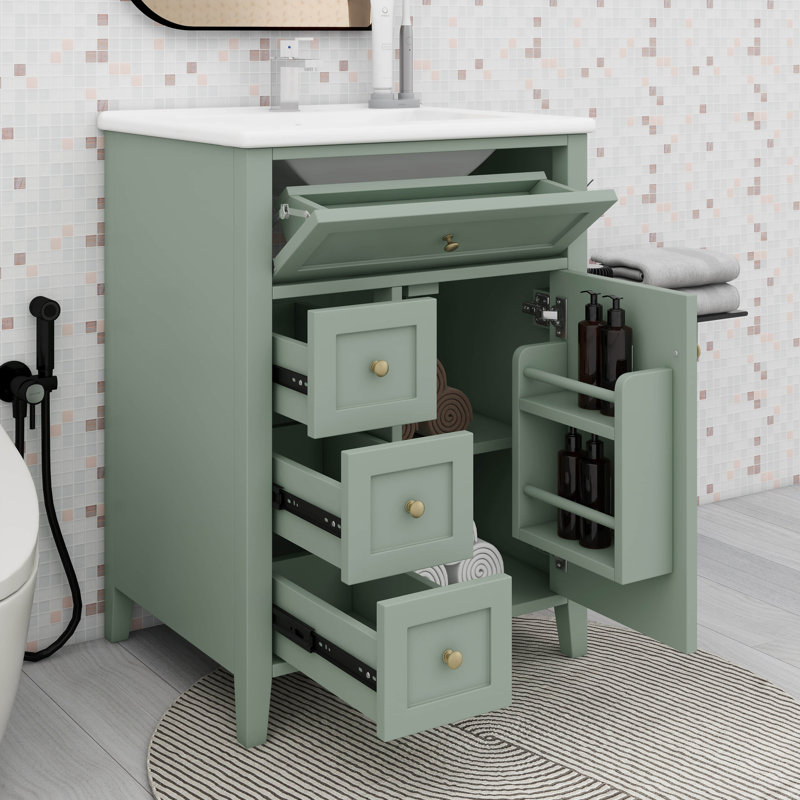 Meuble-lavabo 24 po avec lavabo, 1 tiroir rabattable et 2 tiroirs, tablette réglable, Vert, Doré