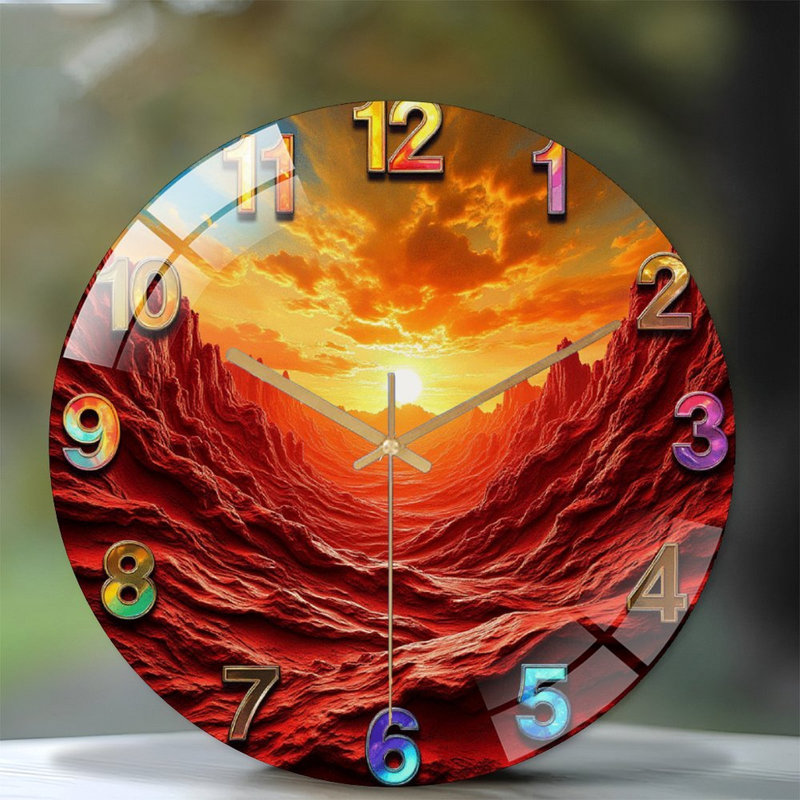 Sunset Red Landscape Wall Clock Decorative Art Art - 12'' Modern Glass Wall Clock