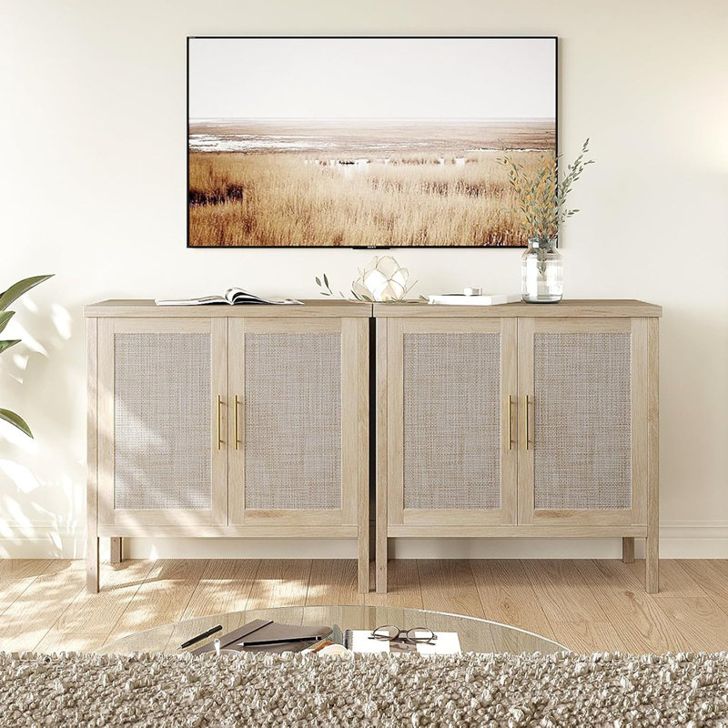 Rattan Storage Cabinet Sideboard With Rattan Doors – Wood Color