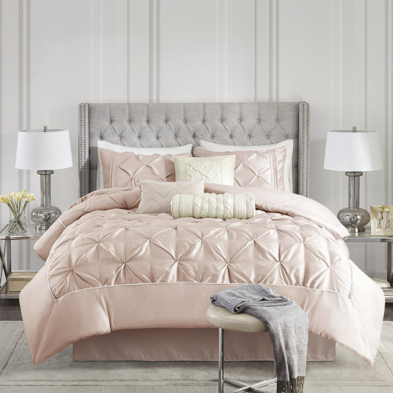 Queen Blush 7 Piece Comforter - Exquisite Bedding, , Decorative Pillows, Bed Skirt, Easy To Clean Bedding Delightful Design, 2 Shams, 3 Washable Skirt