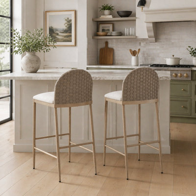 Ensemble de 2 tabourets de bar 29,5 pouces Farmhouse Farm, avec dossier en rotin tissé à la main pour la cuisine et la salle à manger, brun et beige