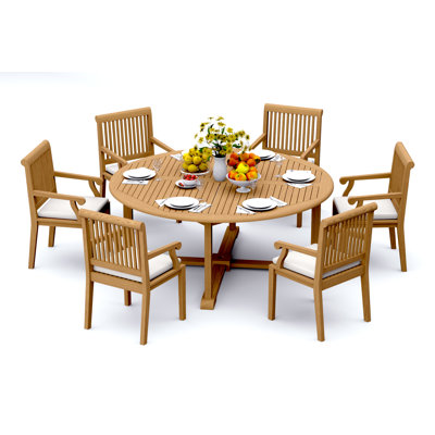 7 Pcs Grade-A Teak Wood Dining Set: 72" Round Table And 6 Sack Arm Chairs #11SK1706