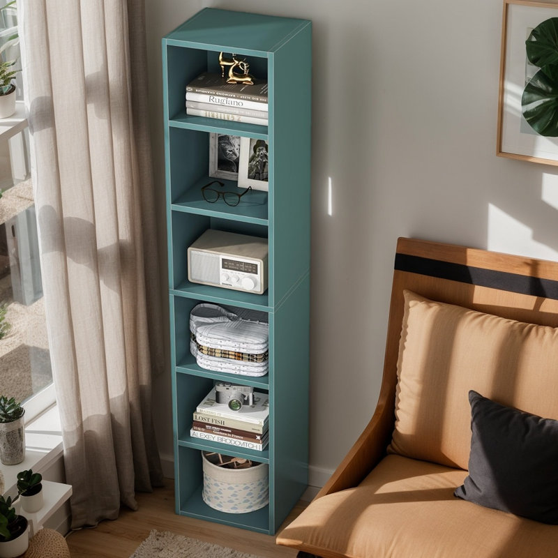 70.9" Narrow Corner Bookcase, Modern 6-Tier Cube Freestanding Display Shelf, Blue
