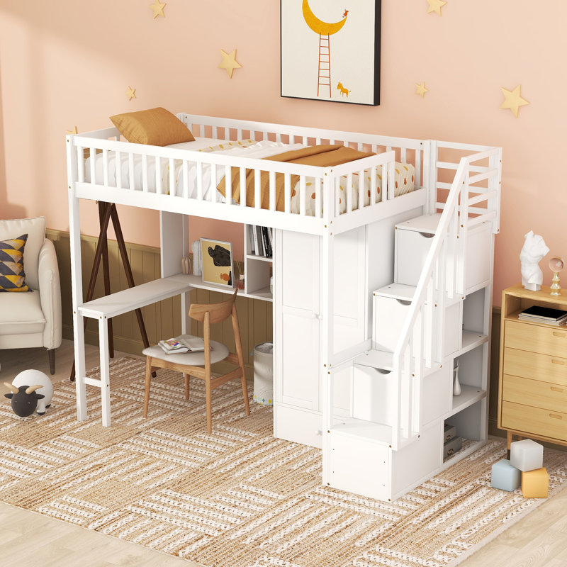 Cressida Loft Bed With Bookshelf And Desk, Solid Pine And MDF, Twin, White